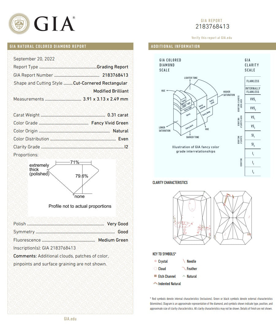 0.31 Carat, Natural, Fancy Vivid Green Radiant Diamond